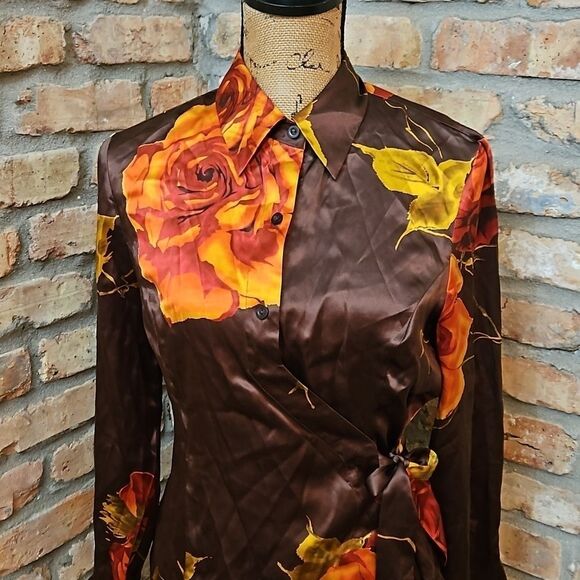 Nygard Collection brown floral silk top size 6 - Picture 2 of 11